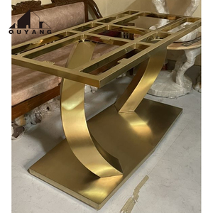 QUYANG su misura decorazione per la casa di lusso pietra tavolo da pranzo Base <span class=keywords><strong>lastra</strong></span> di marmo piombino d'oro in <span class=keywords><strong>acciaio</strong></span> inox gambe del tavolo - Product Image 1