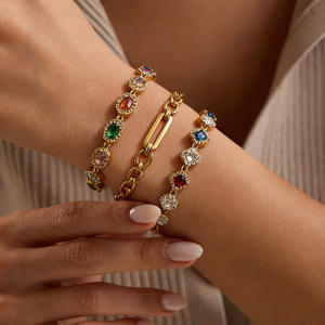 Stainless Steel <b>Bracelet</b> With Colored Zircon 18k Gold Plated Oval Geometric Design <b>Rainbow</b> Multi Color Fashion Jewelry - Product Image 1