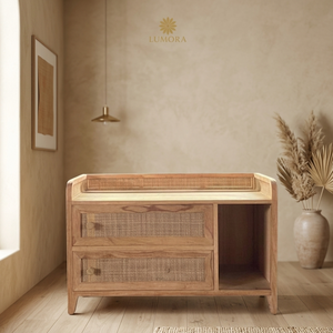 Aruna - Mueble de Salón Moderno de Madera de Teca Maciza, Hecho a Mano, Ahorra Espacio, Multifuncional, con 2 Cajones y Panel Plano - Product Image 5