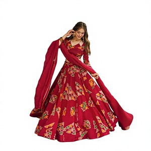 Nuevo Conjunto de Lehenga Floral para Mujer, Estilo Moderno y Tradicional Indio, Rojo con Motivos Impresos Coloridos, para Fiesta - Product Image 1