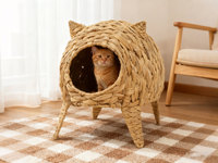 Cave pour chat en jacinthe d'eau tissée à la main, écologique, avec de jolies oreilles et des pieds en trépied, lit confortable surélevé avec coussin amovible