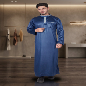 Qamis bleu pour homme à manches longues, coupe droite, col montant, en polyester, style Moyen-Orient, pour la prière, Aïd Ramadan - Product Image 2