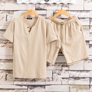 Liu Ming yeni kore moda bahar yaz erkekler rahat düz renk takım elbise pamuk keten 2 parça kısa kollu T Shirt şort takımı - Product Image 5