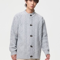 Herren Stehkragen-Cardigan mit Zopfmuster und Hornknöpfen, Vintage Loose Fit, Dicker Strickpullover, Lässige Winterjacke