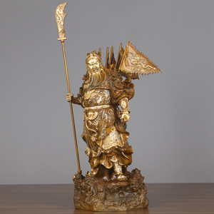 Statuette de Guan Gong en laiton Copper World, avec drapeau des Neuf Dragons, statue sur pied, artisanat fait main pour l'intérieur, pour la vénération et l'exposition - Product Image 1