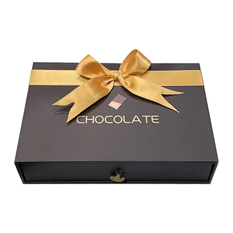 맞춤 컬러 로고 삽입 실크 리본 서랍 모양의 빈 트러플 초콜릿 선물 상자가있는 고급 포장