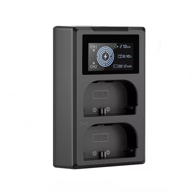Dual Slots LP-E12 LCD Camera Battery Charger with 1000mA*2 Output Fast 10W Power 5V/2A Input and Capacity Tester