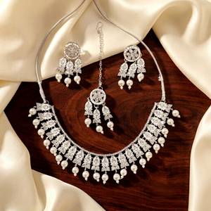 Premium <b>Silver</b> Tone Pearl Drop Bridal <b>Choker</b> Necklace Set with Earrings and Maang Tikka Elegant Wedding Party Jewelry Set - Product Image 1
