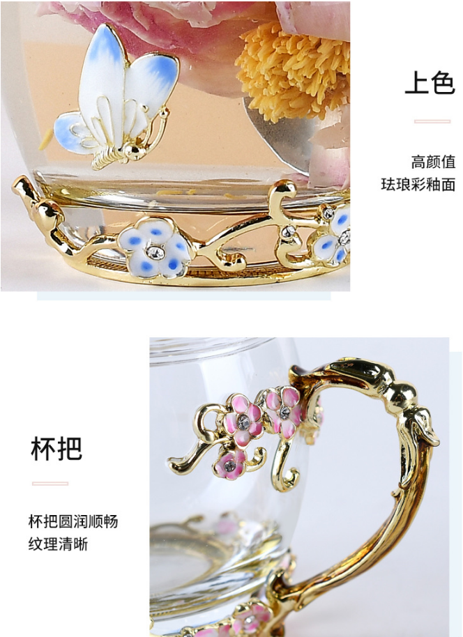 Heat Resistant Embossed Luxury Enamel Crystal Flower Brew Peach Blossom Metal Handle Violet Glass Tea Romantic Iris Cup For Lady