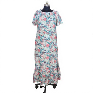 Vestido Midi Elegante de Mujer, Estilo Bohemio Indio, con Mangas 100% Algodón, Diseño Moderno con Logotipo en la Espalda, Estampado Floral, Corte en A, Casual, Lavable - Product Image 1