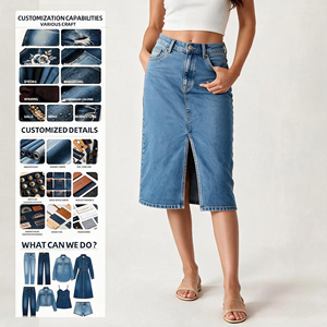 <span class=keywords><strong>Jupe</strong></span> midi <span class=keywords><strong>en</strong></span> jean pour femme, taille haute, fente avant, bleu clair délavé, coupe droite, personnalisable <span class=keywords><strong>en</strong></span> usine, OEM ODM, échantillon, vente <span class=keywords><strong>en</strong></span> gros <span class=keywords><strong>en</strong></span> vrac - Product Image 1