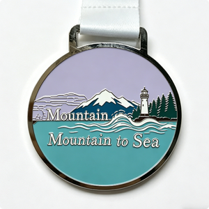 Custom Metal Medal with Lighthouse & Mountain Design 3D Enamelled UV Printed Ribbon for Hiking/Running Events - Product Image 1