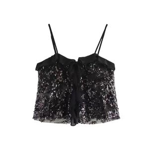 Débardeur court en tissu respirant uni pour femmes, style décontracté, bretelles spaghetti à paillettes, volant sur le devant, dentelle, longueur courte - Product Image 2