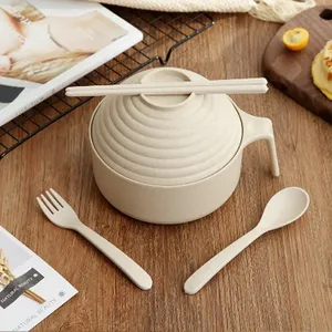 Boîte à bento portable en paille de blé écologique pour enfants, bol à nouilles instantanées anti-brûlure avec baguettes (820 ml) - Product Image 5