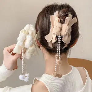 2024 Trendy Bow Hair Claw Clip Cute Tassels Plush Hair Clips Personality Hair Accessories Women Wholesale