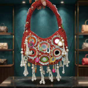 Sac de soirée hobo fait main perlé avec pompons de perles et broderie miroir, sac à bandoulière rouge pour soirée - Product Image 2