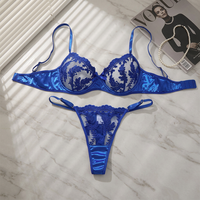 Ensemble de Lingerie Sexy 2 Pièces Grande Taille pour Femme, Soutien-Gorge et String en Dentelle Transparente Brodé Floral Bleu, Vente en Gros OEM ODM Léger