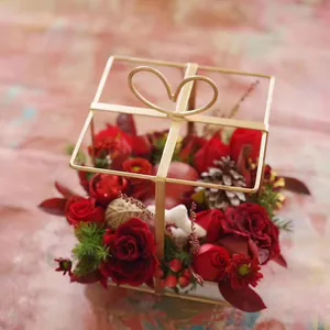 Oro piazza cesto di mano tie art bouquet regalo personalizzato di vendita del fiore scatola di Scatola di Imballaggio Su Misura
