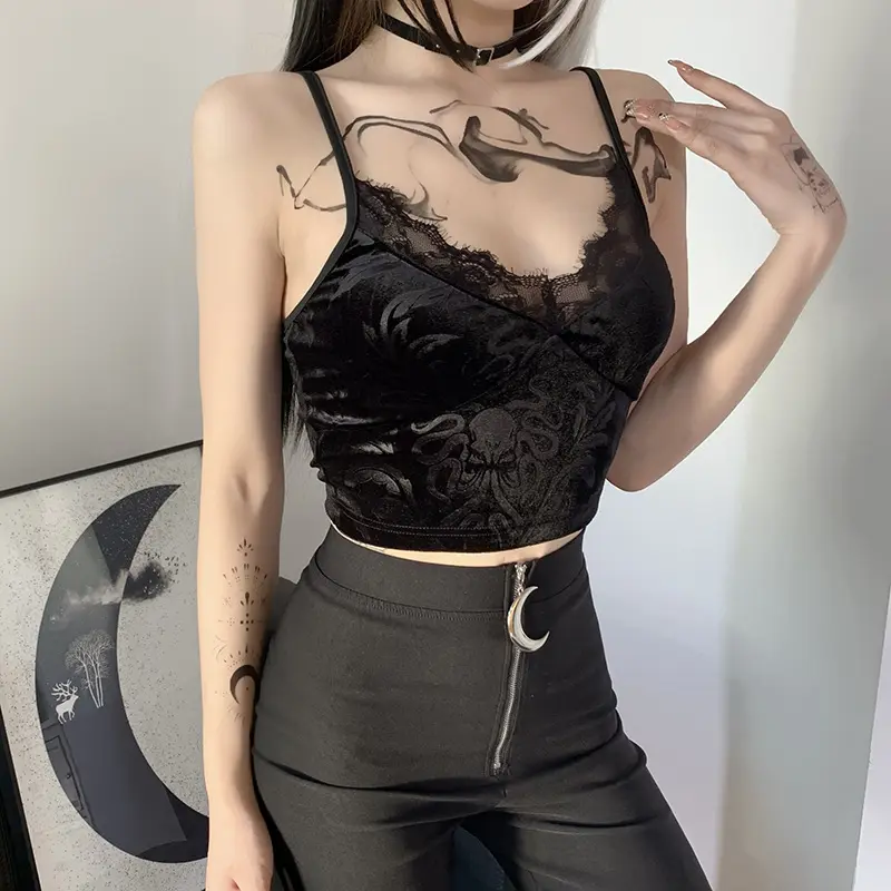 Kadın camiş Grunge Punk seksi dantel Trim Bodycon mahsul Tops zarif Backless Emo Streetwear siyah üst Vintage gotik kadife