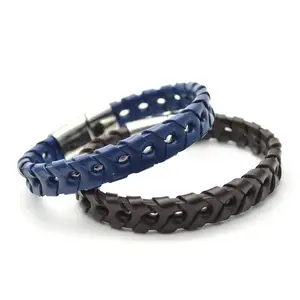 New Design Hand Made Genuine Blue Leather bracelet with Stainless Steel Clasp Luxury Men's Fashion jewelry