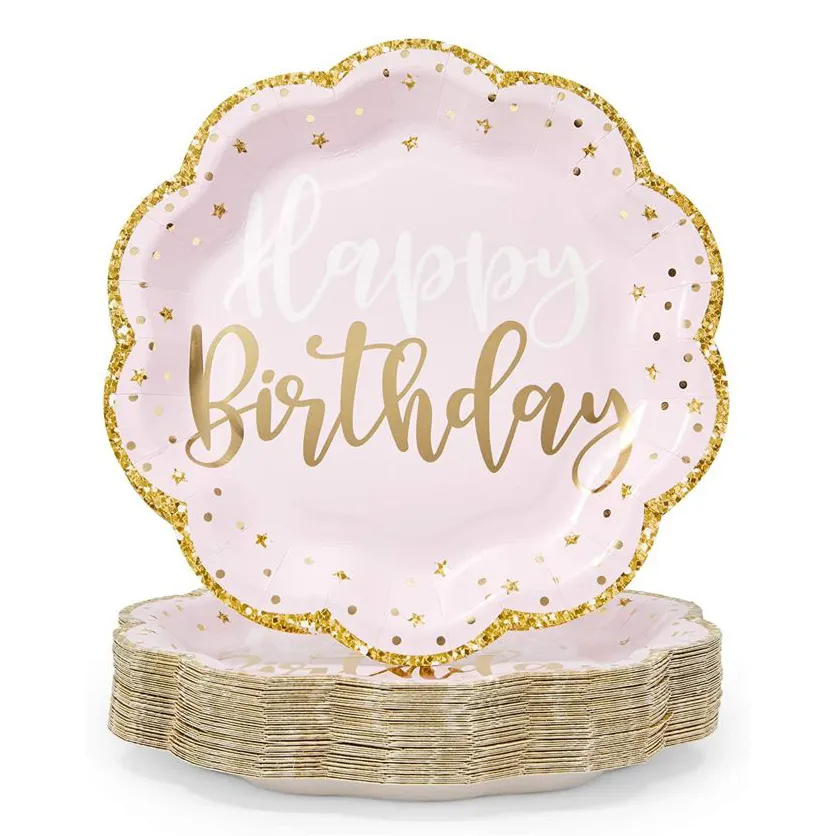 Nimicro personalizado impressão flor em forma de flor, glitter, borda, chá de bebê, feliz aniversário, festa, decoração de mesa, placas de papel descartáveis