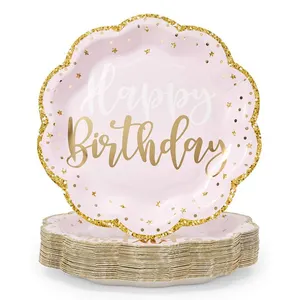 Nimicro personalizado impressão flor em forma de flor, glitter, borda, chá de bebê, feliz aniversário, festa, decoração de mesa, placas de papel descartáveis