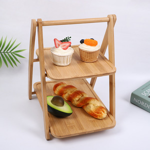 Bamboo Double Layer <b>Shelf</b> Storage <b>Rack</b> For Fruit Cake Display Standing Type Rectangle Solid Color - Product Image 2