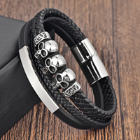 Bracelet pour homme en acier inoxydable avec tête de crâne en cuir véritable tissé à la main, boucle magnétique, bijoux punk de haute qualité, cadeau