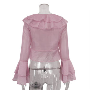 Alla moda abiti estivi rosa con volant <span class=keywords><strong>corti</strong></span> e abbottonati di perle da donna top eleganti camicette da donna 2025 - Product Image 5