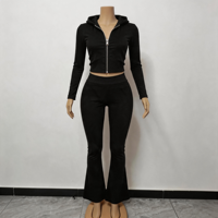 Ensemble de vêtements de détente pour femmes en 2 pièces avec veste à capuche en polaire chaude et pantalon en coton et élasthanne à manches longues, noir, logo personnalisé