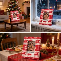 Cadre photo de Noël tendance avec motif en flanelle, design artistique en tissu carré, cadre décoratif en panneau MDF de 6-7 pouces