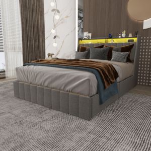 Full <b>Size</b> Modern Soft <b>Bed</b> Frame LED 4 Under-<b>bed</b> Portable Storage Drawers Wings Headboard Design Light Grey Apartment-Friendly - Product Image 5