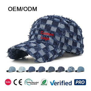 Custom Logo Denim Baseball Cap Checkered Pattern Adjustable Unisex Casual <b>Hat</b> Spring <b>Summer</b> 6-Panel Cotton Polyester - Product Image 1