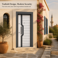 Porte d'entrée blindée moderne turque bicolore avec poignée longue, double verrouillage multipoints, finition grain de bois, tailles personnalisées