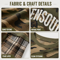 T-shirt Homme Oversize Streetwear Personnalisé OEM en Maille Gaufrée Camouflage à Manches Longues Superposées avec Imprimé Lettres Premium et Manches Intérieures à Carreaux