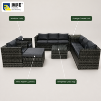 Ensemble de canapé modulaire d'extérieur en osier en forme de U, gris, avec coussins en rotin, capacité 8 personnes, ottoman et table basse pour patio