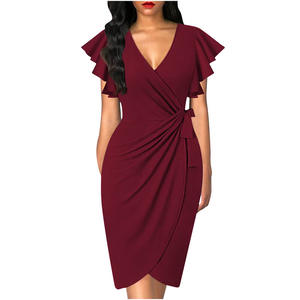 Robe de bureau élégante de style européen, col en V, taille haute, nouée, ajustée, plissée, couleur unie, mi-longue, pour femme, transfrontalière - Product Image 1