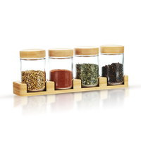 Organisateur de condiments de cuisine, support pour bouteilles d'assaisonnement en verre, ensemble de distributeurs d'épices avec couvercle en bambou, dessus en bois