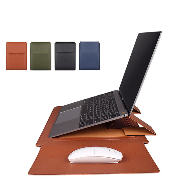 High Quality Simple Waterproof Computer Bag Slim Pu Leather Laptop Sleeve Bag Case With Foldable Stand