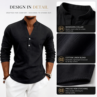 T-shirt Henley à col mandarin en coton et lin noir pour homme, manches longues, style hippie décontracté, respirant, idéal pour la plage en été