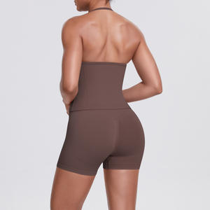 Grande taille sans couture tricoté Spandex/Nylon couleur unie dos nu gilet Shorts Yoga <span class=keywords><strong>tenue</strong></span> ensemble moulant course Fitness Sports - Product Image 4