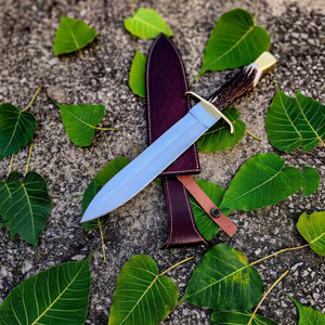 Cuchillo Bowie con mango de cuerno de ciervo hecho a mano, con funda de cuero personalizada, hoja de acero inoxidable con punta caída, cuchillo de caza. - Product Image 1