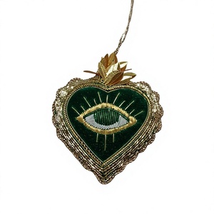Handcrafted Velvet Heart Shaped Christmas Ornament Embroidered Green Hanging Decoration <b>Gold</b> Leaf <b>Top</b> Customized Size for Decor - Product Image 1