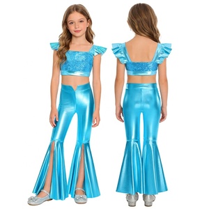 Kids Girls Dance Costumes Wholesalers Dance Performance Outfit Sparkling <b>Sequin</b> Metallic Crop <b>Top</b> With Pant Casual Daily Wear - Product Image 4