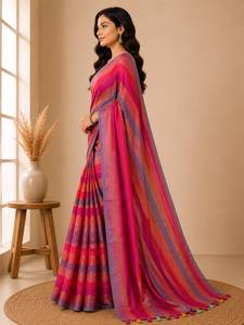 Sari de Algodón Mul con Rayas Multicolores, Sari de Diseño de Lujo para Mujer, Tejido de Algodón Mul Transpirable, Prenda Étnica India para Bodas - Product Image 3
