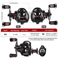 Moulinet de pêche Baitcaster en alliage d'aluminium 7.2:1 avec 5+1 roulements, puissance de frein 8KG, pour droitier, modèle P4 pour rivière