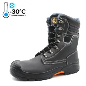 Black sturdy leather anti slip rubber sole wool lining puncture proof steel toe cold resistant safety shoes winter