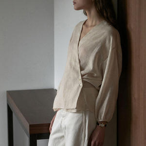 Camicetta da <span class=keywords><strong>Donna</strong></span> Enyami in <span class=keywords><strong>Lino</strong></span> Plissettato Comoda e Ampia con Bottoni Maniche Lunghe a Lanterna Arricciata Asimmetrica da Spiaggia - Product Image 3