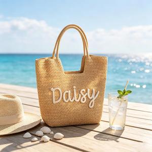 Handwoven Cotton-Linen Blend Straw Beach <b>Tote</b> <b>Bag</b> Custom Chenille Patch Name for Girls Trip Bachelorette <b>Bridesmaid</b> - Product Image 3