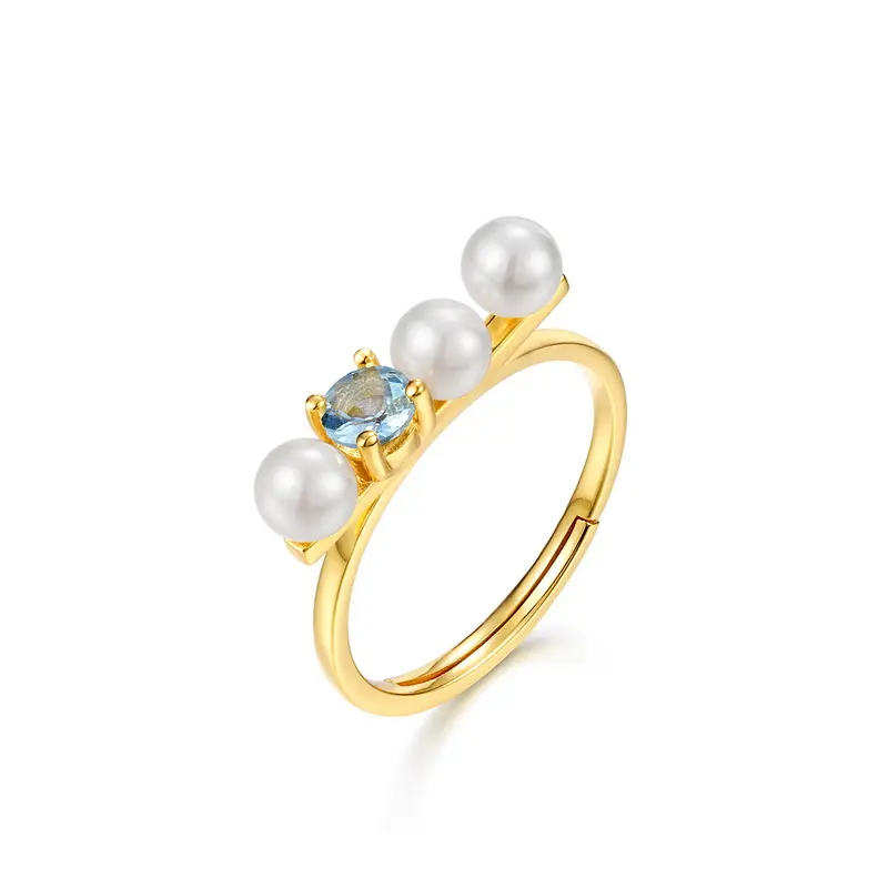 Joyería minimalista para mujer, anillo de compromiso de Plata de Ley 925 con Topacio Azul chapado en oro y Perla de concha